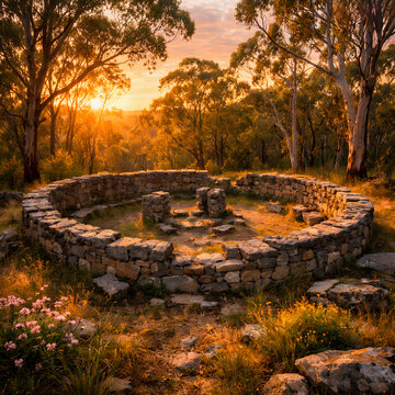 Ancient circular stone structure in a forest at sunset