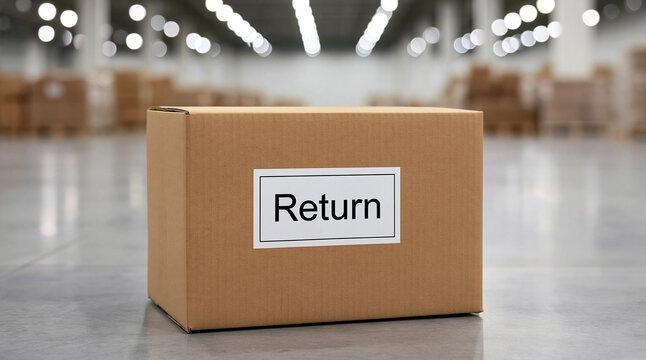 A cardboard return box sits on a concrete floor in a bright warehouse. Ideal for e-commerce logistics and shipping policy presentations.