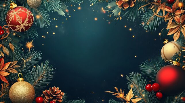 Festive Christmas decorations frame a dark teal background, symbolizing joy, celebration, and the spirit of holiday season
