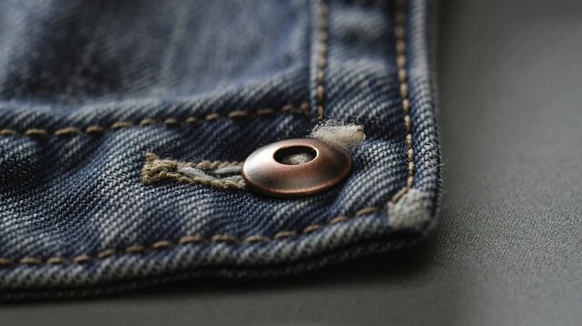 Camera shifting focus to show copper rivet on blue denim on dark tabletop, revealing frayed fibers