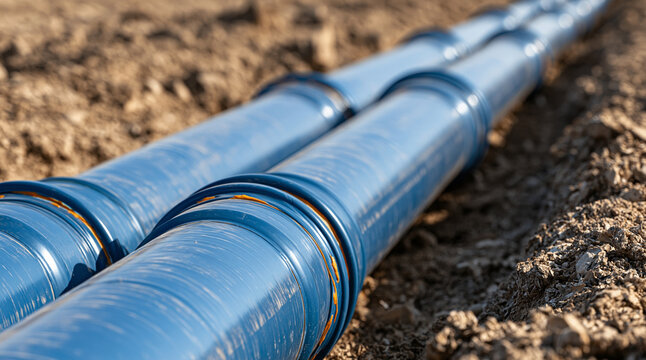 Two blue pipes laid in a trench with natural daylight. Ideal for water supply and infrastructure engineering concepts.