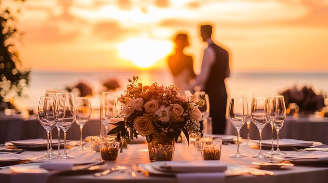 Silhouetted couple embraces before a vibrant sunset glow, symbolizing romance and joyful celebration near ocean waters