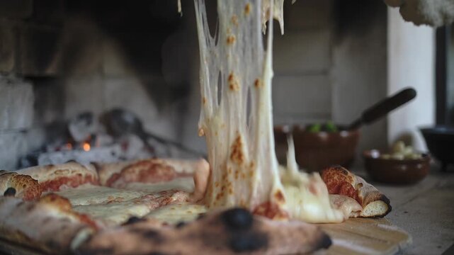 Sliding spatula lifting Neapolitan pizza slice at wood oven, gloved hand revealing mozzarella pull