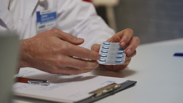 Urologist gives medication for erectile dysfunction treatment to patient