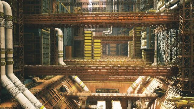 Nighttime maintenance scene under warm spotlights and shadow dense piping, access platforms and service ducts create layered environment, implied maintenance