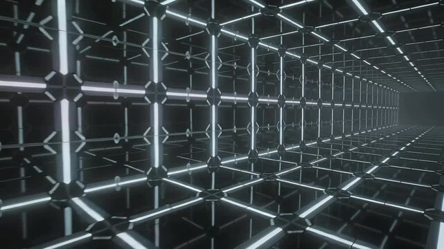 Camera moving forward revealing lit cube grid in tunnel, rods, nodes, mirror floor, vanishing point