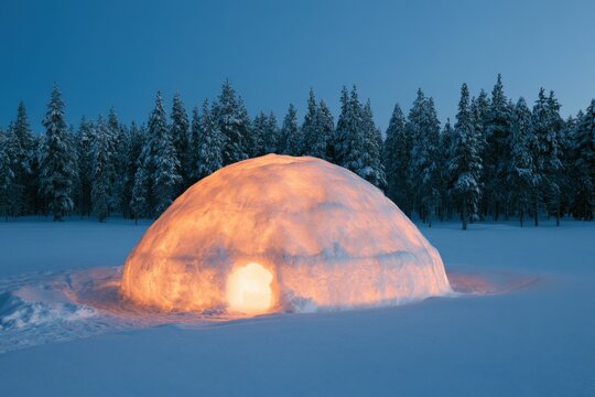 Warmly lit igloo in snowy forest twilight background for winter wallpaper and banner design