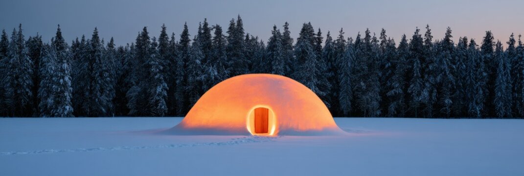 Small glowing igloo at dusk with warm interior light in snowy field for cozy wallpaper and banner design