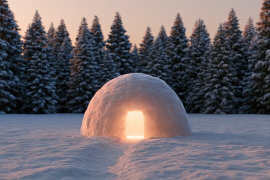 Glowing igloo in a snowy pine forest at dusk for winter background and banner design with warm interior light and serene landscape