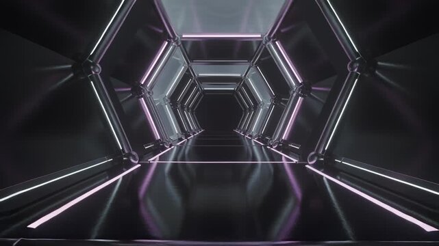 Starting camera advancing through futuristic hexagonal metal frames corridor with LED reflections
