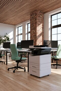 Office copier and multifunction printer in bright modern loft workspace with wooden ceiling and brick column for corporate brochure background and marketing banner