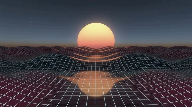 Rising glowing sun emerging above central trough in synthwave scene reflecting on grid plane