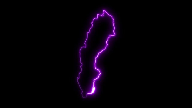 Sweden map outline with glowing neon purple light effect on black background, contour