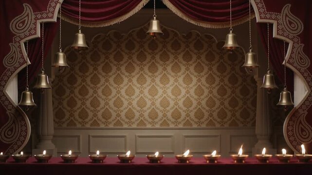 Spreading initial flame moving rightward across maroon-covered platform, lighting successive diyas