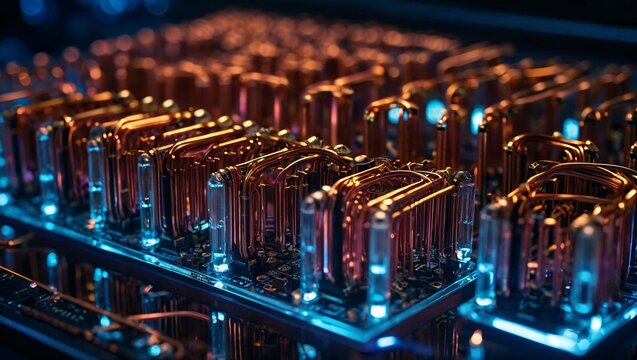 Close up macro shot of a futuristic quantum computer core with glowing copper wires and deep neon purple lights