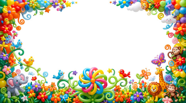  Frame of colorful twisted balloon on white background, for kids fun, kids party, birthday, party, decoration related concept, white background, copy space
