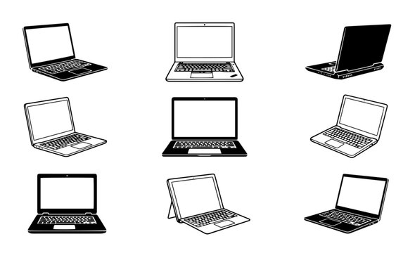 Laptop computer from different perspectives line icons set vector.