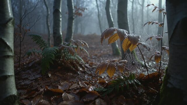 Moving camera to beech shoot with yellow leaves in beech-birch grove, showing orb spider web dew