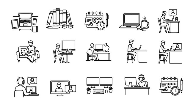 Online education, remote work, and e-learning line icons set vector.