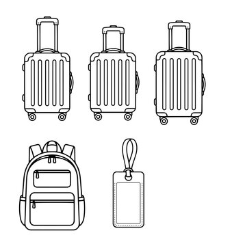 Travel luggage suitcases backpack and tag line art icons vector set.