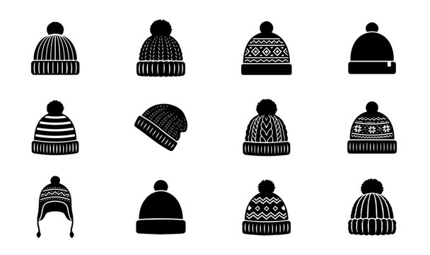 Winter beanie, knitted hat, and pompom cap black icons set vector.