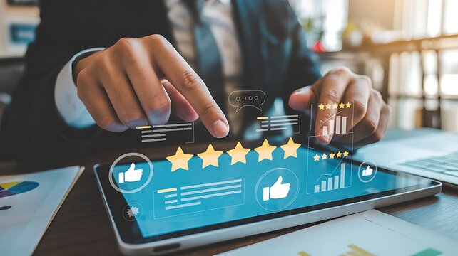 Marketing manager analyzes customer satisfaction, five-star ratings, online reviews, feedback, service quality, digital reputation, and engagement to improve customer experience and loyalty. 