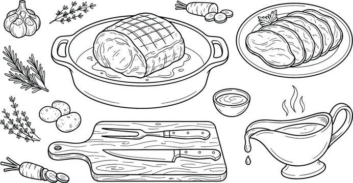 Roast beef dinner line art vector bundle featuring roasting pan sliced meat gravy boat and vegetables