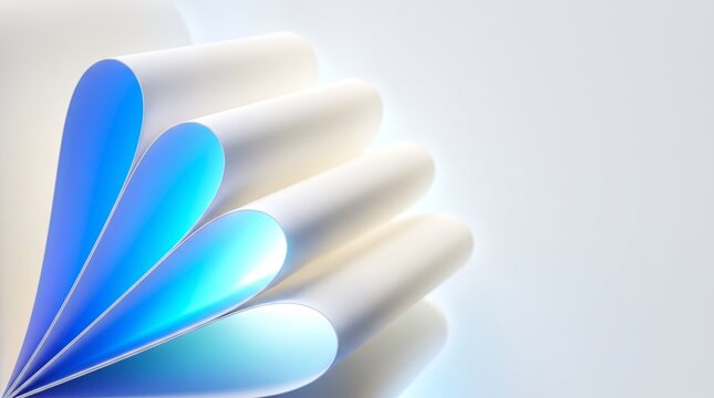 Curved white paper sheets forming abstract heart shapes with blue light glow and copy space