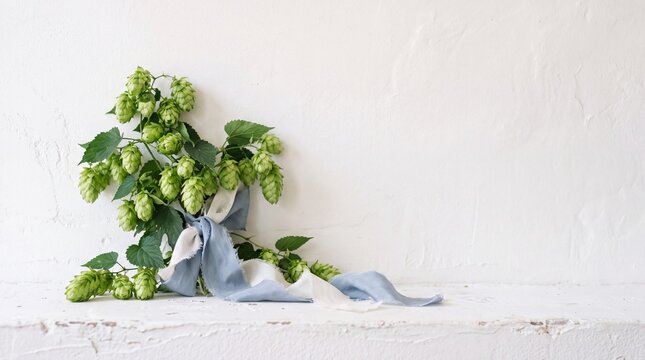 Bouquet of fresh green hop cones tied with blue ribbon on white wall