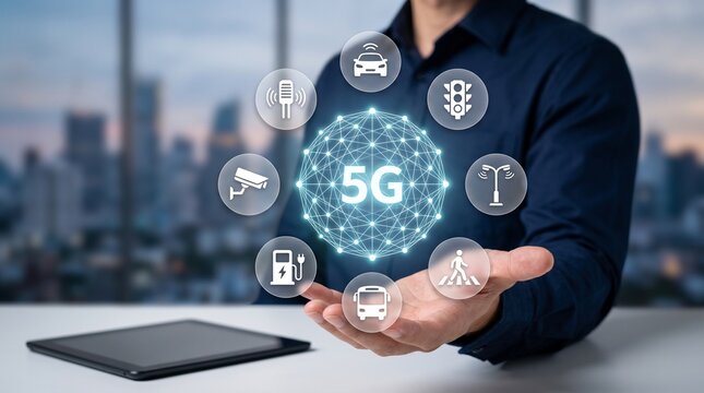 Businessman holding 5G network connection icons with digital city infrastructure in background