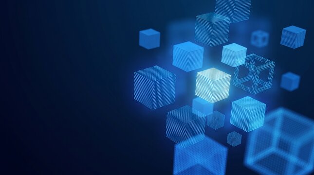 Digital blue cubes floating in abstract cyberspace with copy space for technology background