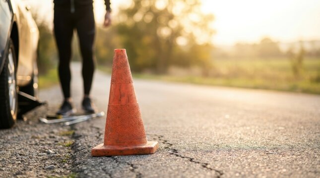 Man changing car tire on roadside with traffic cone and jack nearby safety cone road cone
