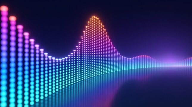 Digital audio equalizer wave with glowing neon dots on a dark background with copy space
