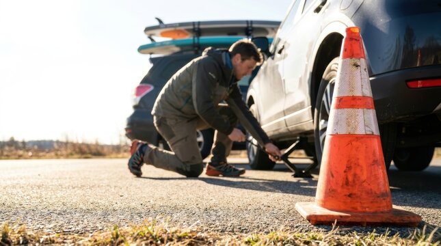 Man kneeling to change flat tire on car with surfboards on roof rack traffic cone