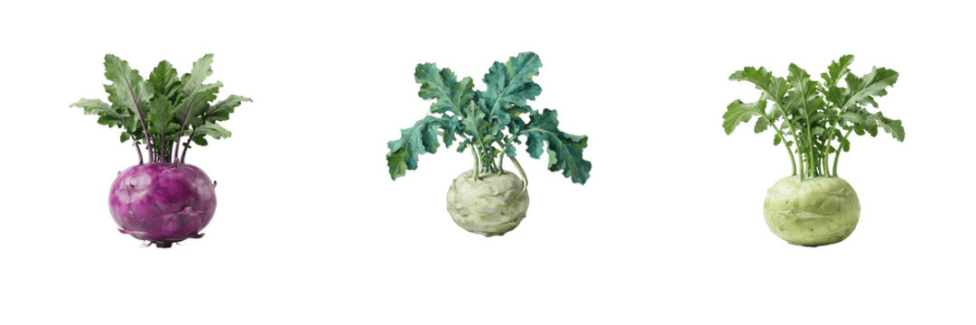 Fresh raw kohlrabi bulbs with green leaves set in purple and light green isolated on white background, organic root vegetable ingredients for vegan diet and nutrition flat lay composition clip art vec