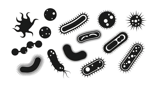 Black silhouette set of various bacteria and virus cells isolated