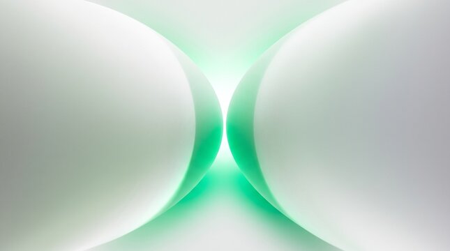 Abstract curved white shapes with glowing green light center and copy space for modern background