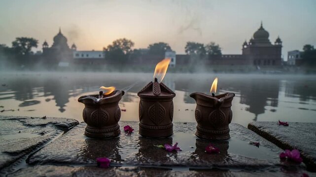 Flickering three clay oil lamps swaying in dawn breeze on ghat, drifting smoke and pink petals