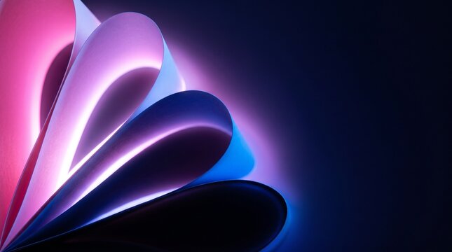Abstract curved paper layers with neon pink and blue lighting and dark copy space background