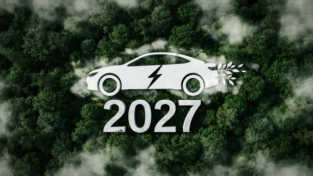 Conceptual illustration of sustainable electric vehicle transport goals for the year 2027 set against a green forest background