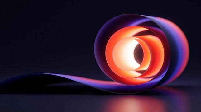 Abstract spiral paper roll with glowing neon orange and purple light on a dark background