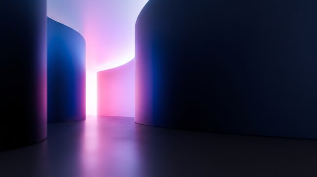 Abstract curved corridor with neon blue and pink gradient lighting and empty floor copy space