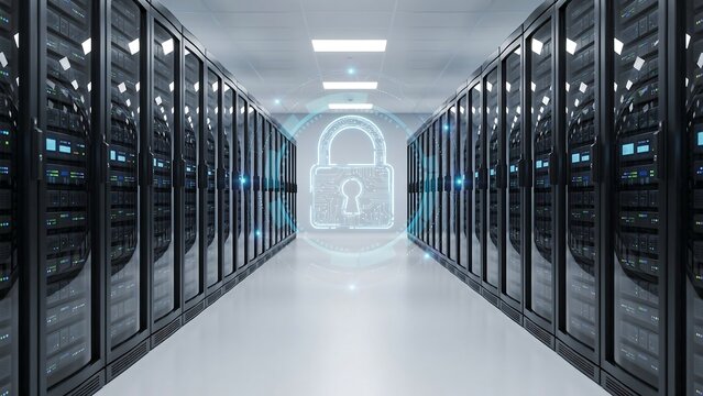 Secure server room with modern network hardware and data protection lock icon