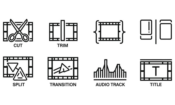 Video editing icons in silhouette with film strip frames showing cut trim split transition audio title concepts