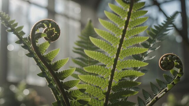 Sunlight shifting making potted fern unfurling coiled fiddleheads by greenhouse windows with bokeh