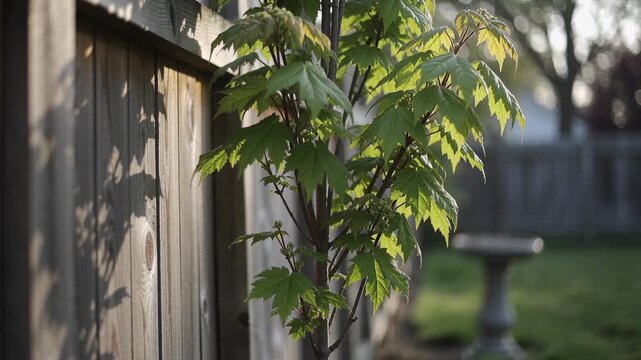 Swaying small maple sapling reacting to low sun and breeze in backyard along fence, stone birdbath