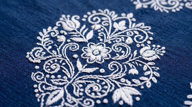 White floral embroidery pattern on dark blue textile background