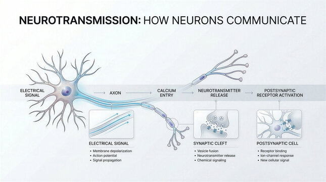 Scientific diagram illustrating the complex process of neurotransmission between two neurons