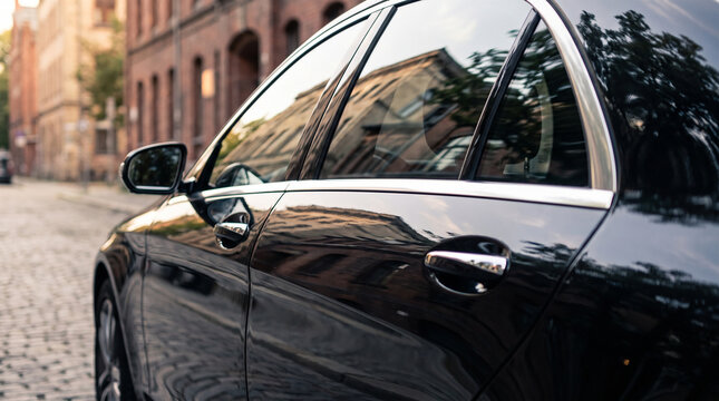 Gorgeous reflections on the smooth windows of a black executive car perfectly capturing premium automotive style and modern luxury travel concepts