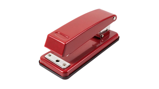 Red office desktop stapler stationary tool isolated on transparent background